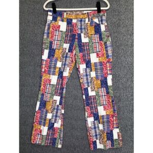70s Multicolor Patchwork Print Straight Leg Pants Mid Rise Boho 30"
